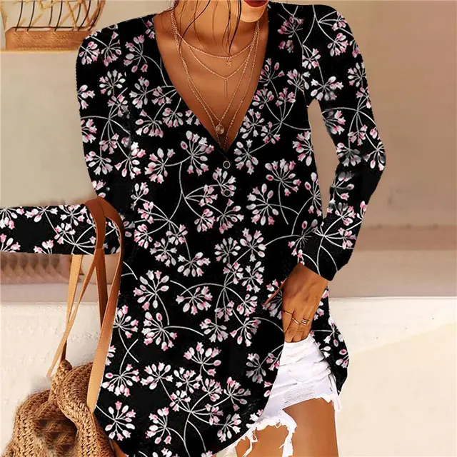 New Printed V neck Button Long sleeved Blouse T shirt Pink - Shop at LoveMi