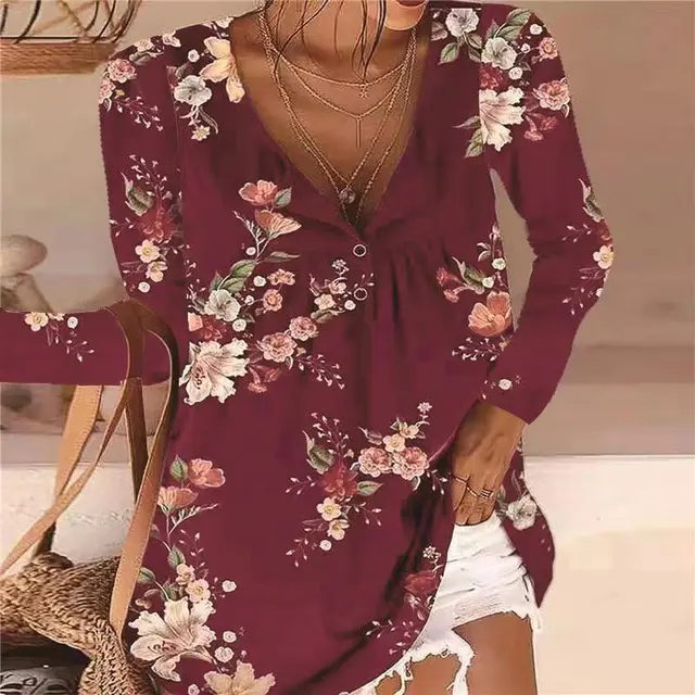 New Printed V neck Button Long sleeved Blouse T shirt Wine Red - Shop at LoveMi