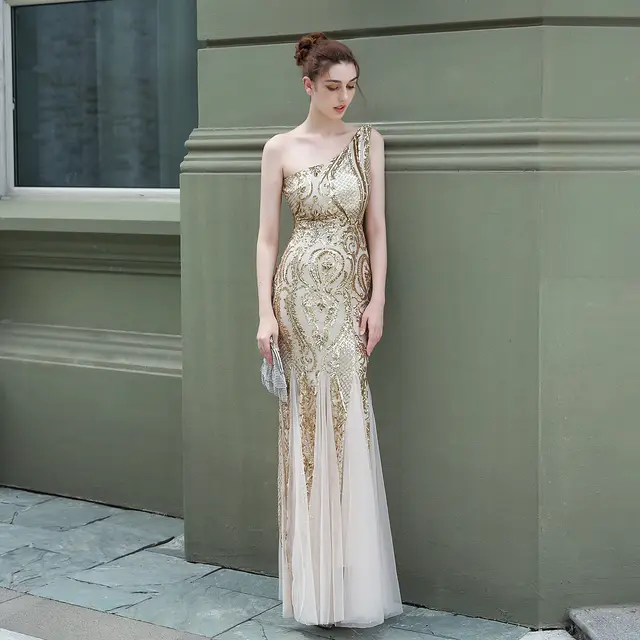 Dress Female Fairy Fantasy Ladies Party Party Party Evening Dress Sexy Long Section Was Thin Toast Bride Gold - Shop at LoveMi