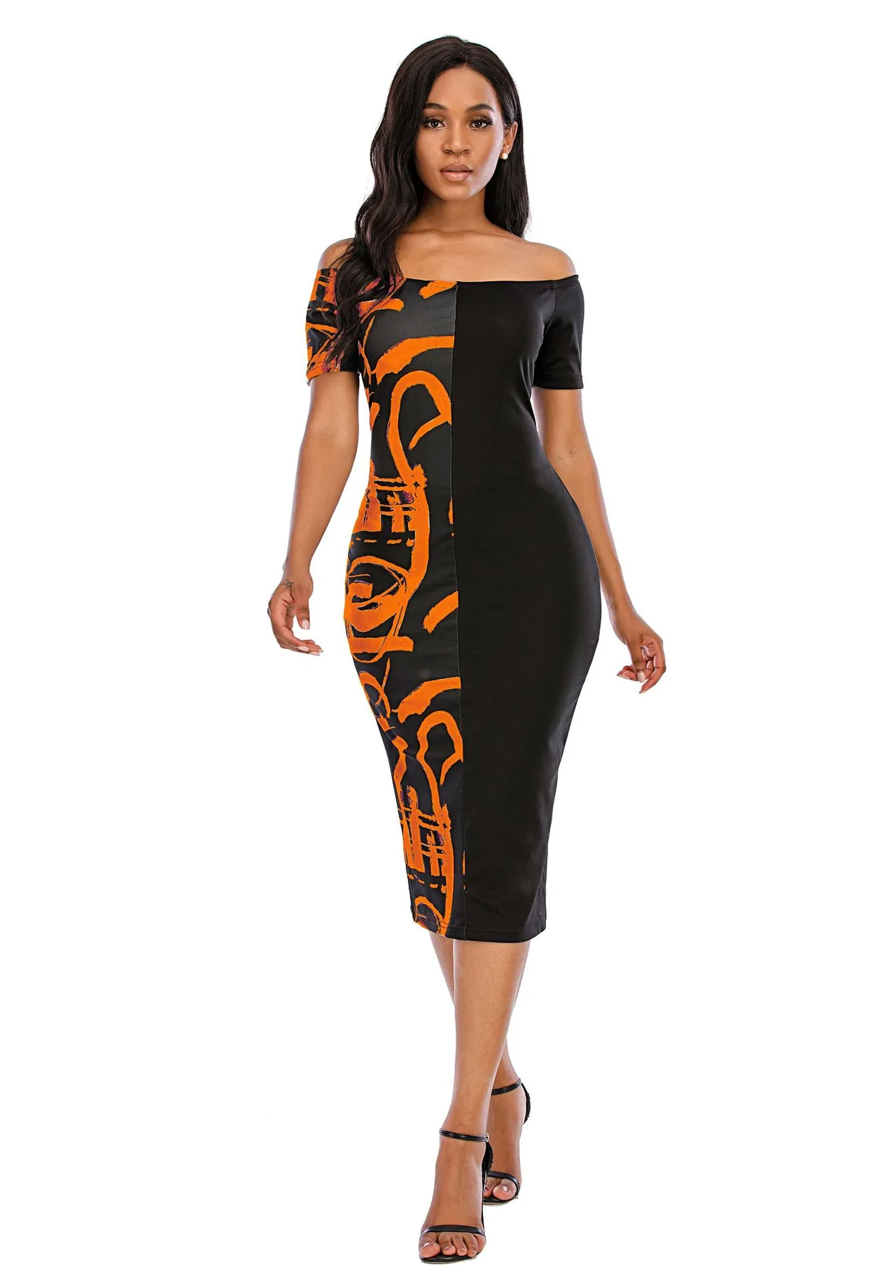 Dress Stitching Multicolor Plus Size Note Printing Long Skirt - Orange - View 1