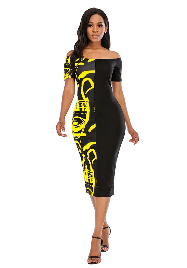 Dress Stitching Multicolor Plus Size Note Printing Long Skirt Yellow - Shop at LoveMi