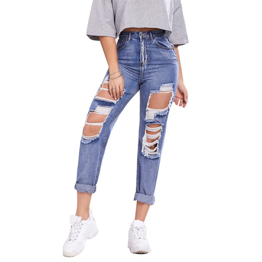 Ladies Trousers High-waisted Butt-lifting Holes Casual Straight-leg Denim Trousers - Blue