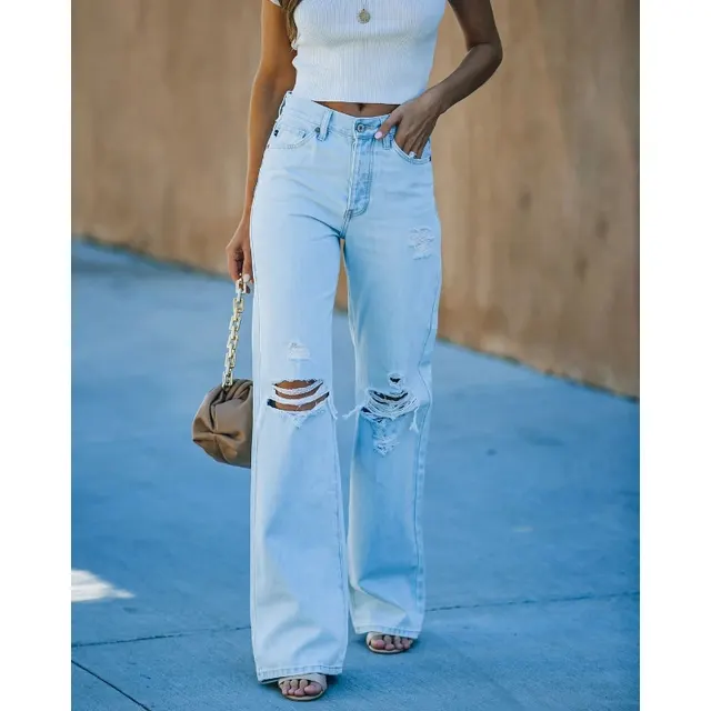 Ladies Denim Wide leg Pants Washed Ripped Casual Foreign Trade Denim Trousers Light Blue - Shop at LoveMi