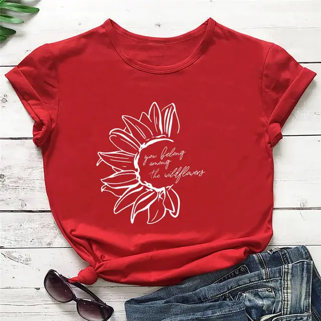 You Belong Among The Wildflower Crew Neck Short Sleeve Red - Shop at LoveMi