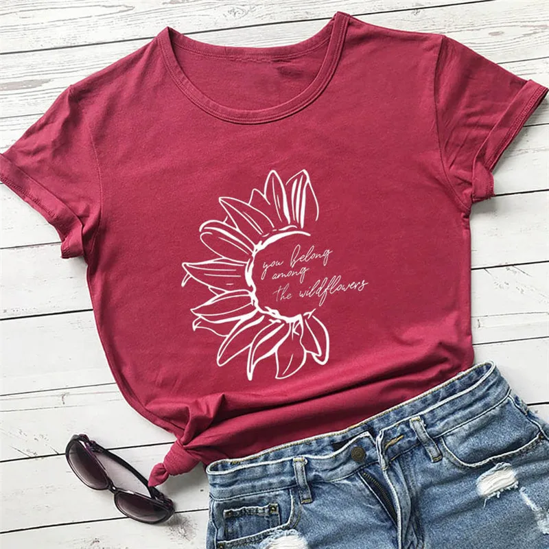 You Belong Among The Wildflower Crew Neck Short Sleeve Wine Red - Shop at LoveMi