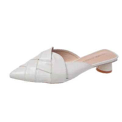 Pointed Soft Leather Sandals Women's Mid heel Mules Beige - Shop at LoveMi