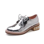 Spring And Autumn Shiny Round Toe Small Leather Shoes Mid-heel Platform - Silver
