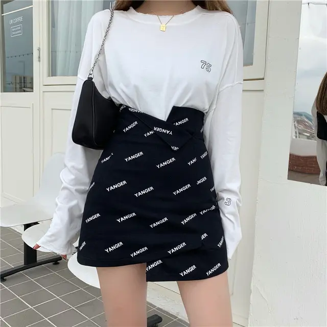 Irregular Slit Skirt, Graffiti Letter Skirt, Light Cooked Style, Large Size A line Package Hip Skirt Black - Shop at LoveMi