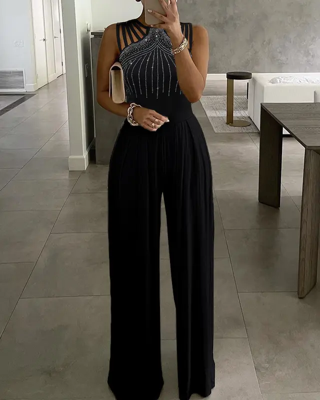 Women's Rivet Hollow Hollow Wide Leg Jumpsuit New Elegant Round Neck Black - Shop at LoveMi