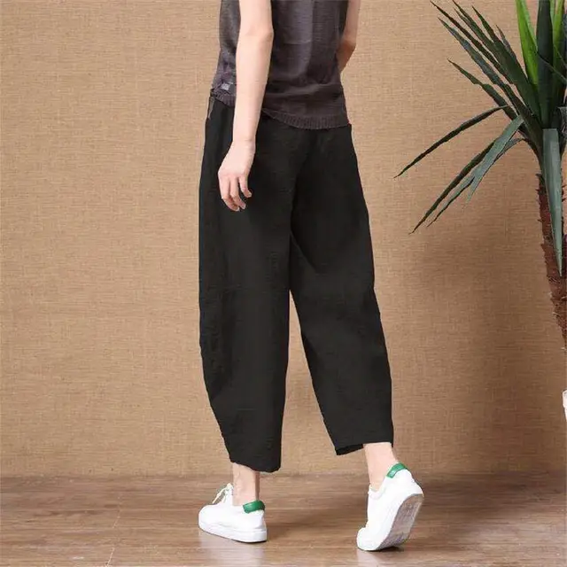 Cotton Linen Pants Elastic Waist Vintage Trousers Lady Loose Casual Pants Black - Shop at LoveMi