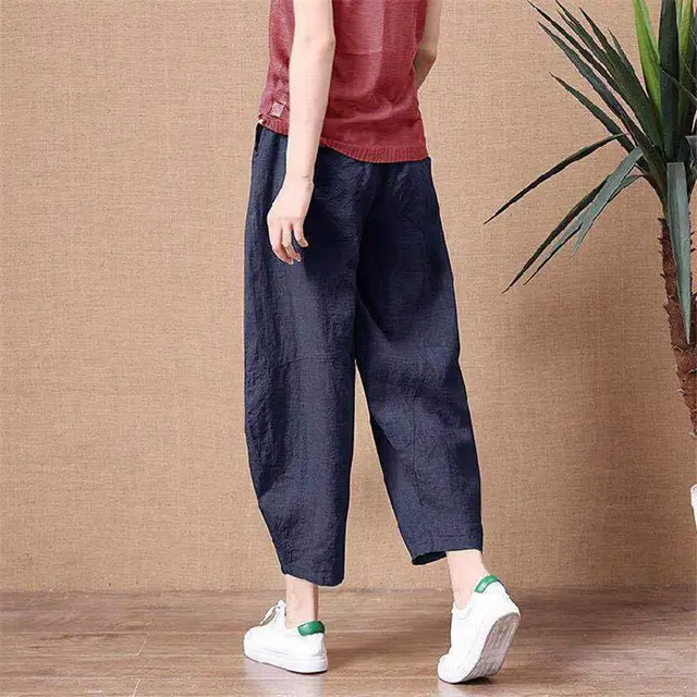 Cotton Linen Pants Elastic Waist Vintage Trousers Lady Loose Casual Pants Navy - Shop at LoveMi