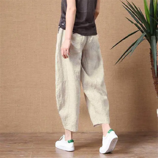 Cotton Linen Pants Elastic Waist Vintage Trousers Lady Loose Casual Pants Primary Color - Shop at LoveMi