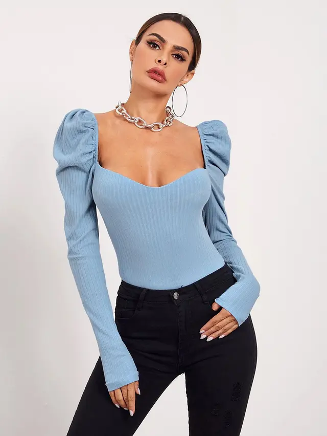 One Word Neck Bubble Long Sleeve Women's Clothing Blue - Shop at LoveMi
