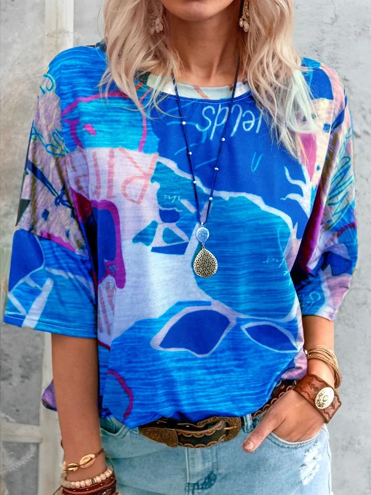 Fashion Ladies Round Neck Map Print T shirt Blue - Shop at LoveMi