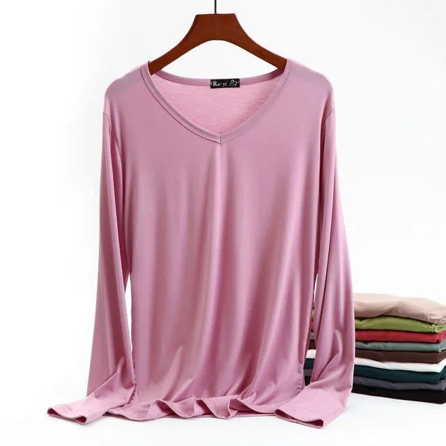 Ladies Korean Fashion V neck Candy Color Long sleeved Bottoming Shirt Plus Size Loose Casual Top Pink - Shop at LoveMi