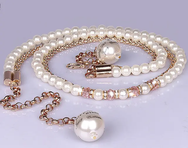 Pearl Waist Chain Fashion All match Thin Belt With Rhinestone Decoration Double Chain Pearlpink Cryst - Shop at LoveMi
