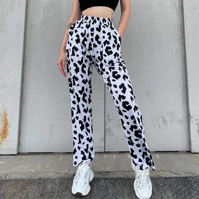Sweatpants Women Wid Leg Loose Flare Pants Joggers Women Wide Leg Streetwear Fashion Sexy Long Trousers Black And White Cows - Shop at LoveMi