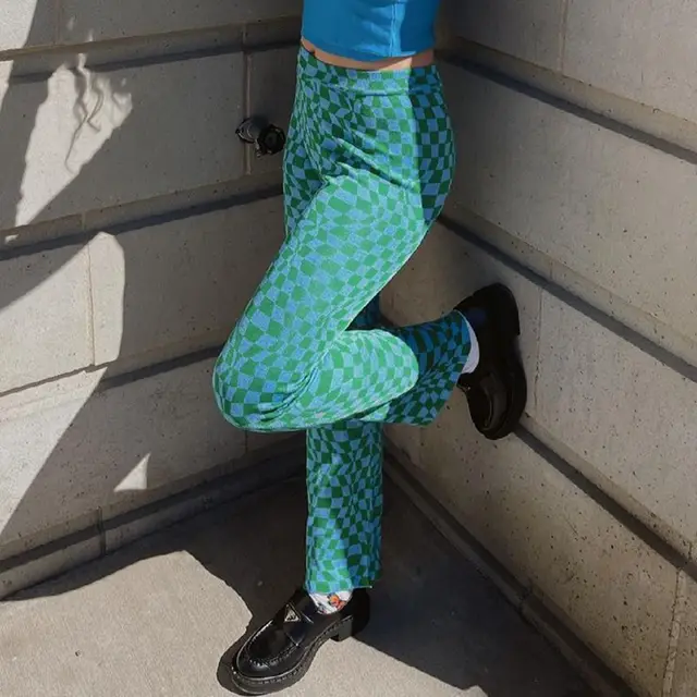 Sweatpants Women Wid Leg Loose Flare Pants Joggers Women Wide Leg Streetwear Fashion Sexy Long Trousers Cyan Grid - Shop at LoveMi