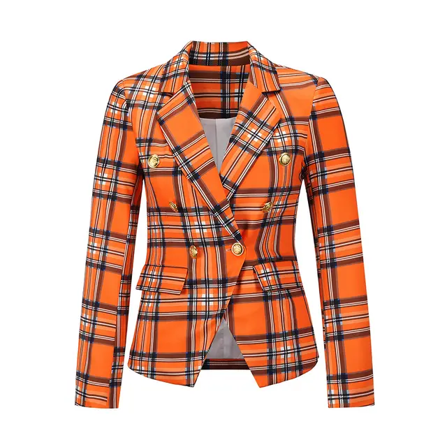 Korean Style Plaid Stitching Casual Slim Temperament Women's Suit Orange - Shop at LoveMi