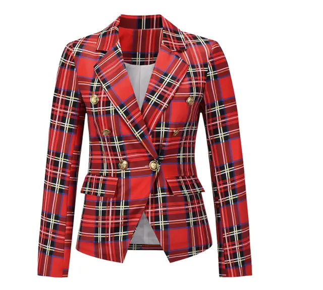 Korean Style Plaid Stitching Casual Slim Temperament Women's Suit Red - Shop at LoveMi