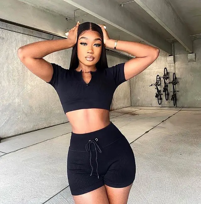 Summer Suit Solid Color Casual Solid Color Top Drawstring Shorts Two piece Trend Black - Shop at LoveMi