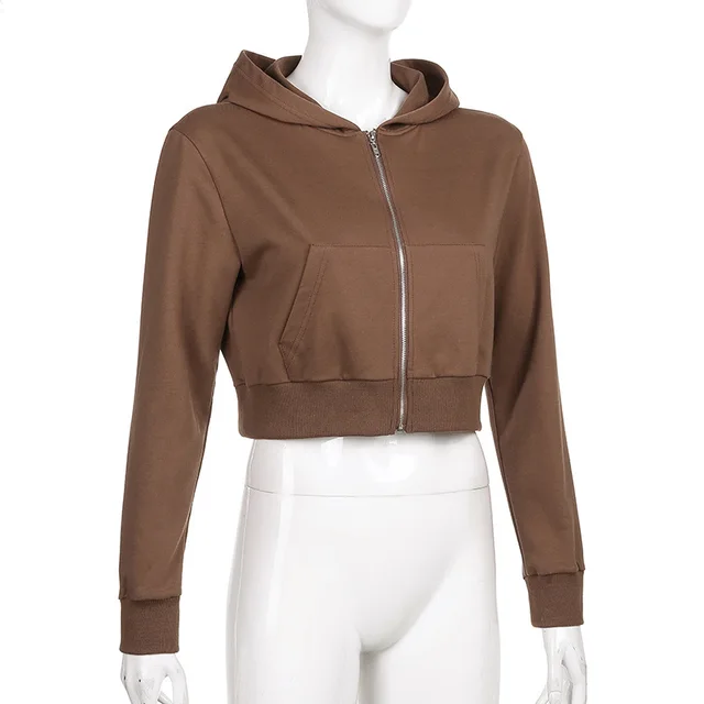 New Women's Winter Short Zipper Cardigan Sweater Pocket Hooded Solid Color Stitching Jacket Brown - Shop at LoveMi