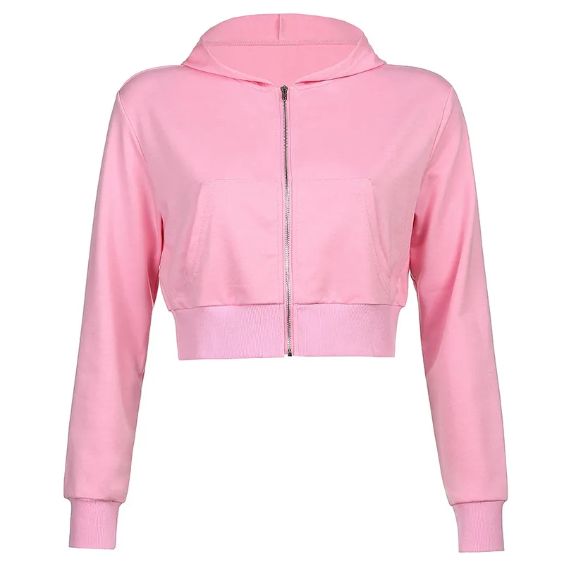 New Women's Winter Short Zipper Cardigan Sweater Pocket Hooded Solid Color Stitching Jacket - Pink