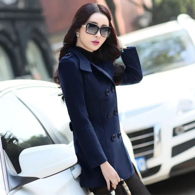 Ladies Autumn Casual Woolen Coat Navy Blue - Shop at LoveMi