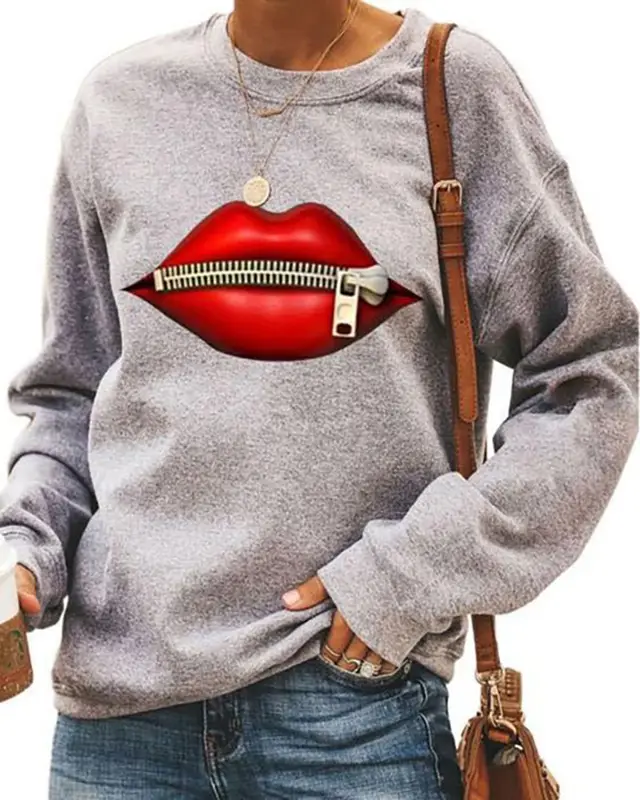 Foreign Trade Casual Printing Autumn And Winter Long sleeved Pullover Loose Round Neck Sweater Grey - Shop at LoveMi