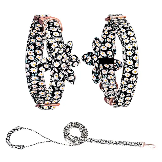 Custom Pet Collar And Leash Set Black Flower - Shop at LoveMi