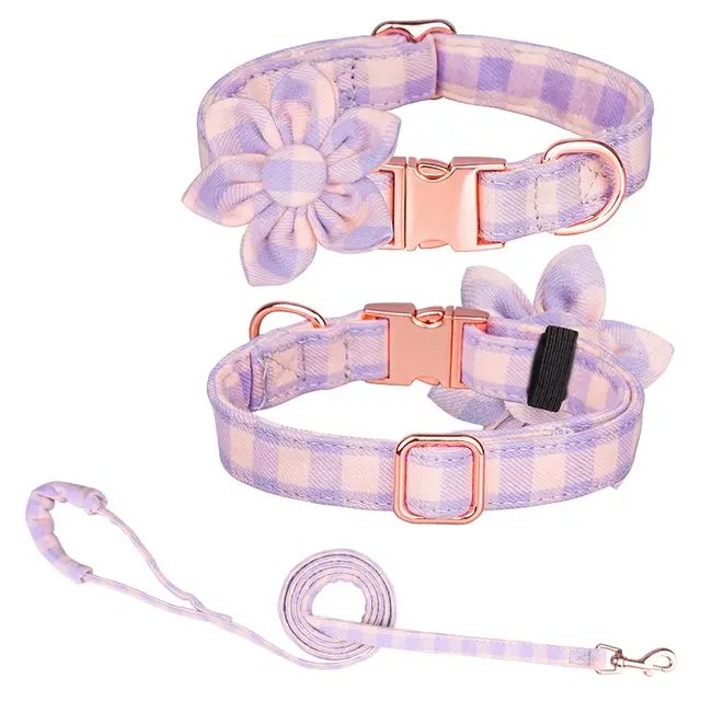 Custom Pet Collar And Leash Set Plaid Purple Powder - Shop at LoveMi