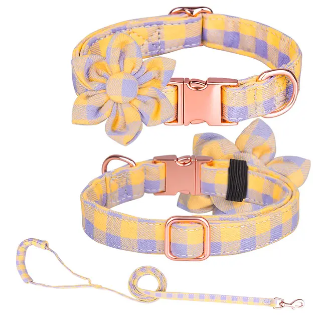 Custom Pet Collar And Leash Set Plaid Yellow Purple - Shop at LoveMi