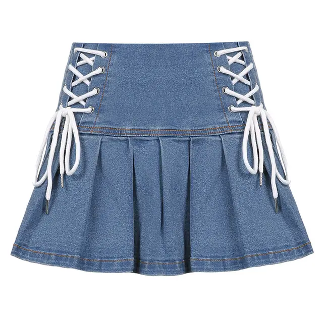 Net Red Lace Slim Denim High Waist Pleated Skirt Female Blue - Shop at LoveMi