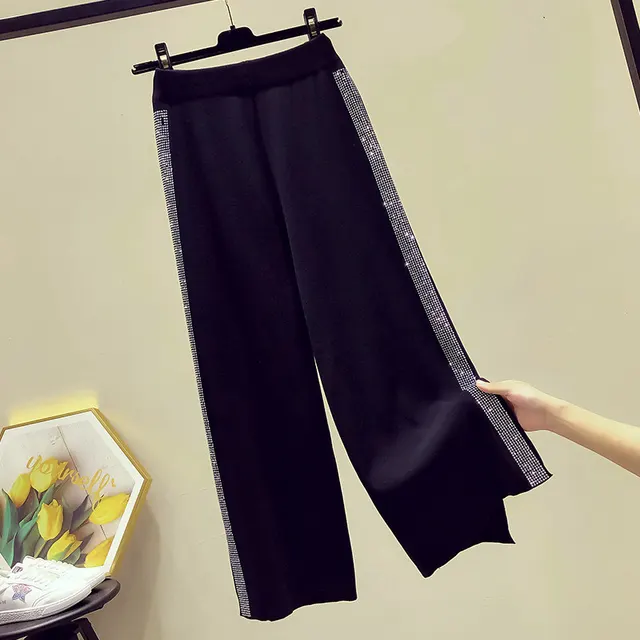 Drape Knitted Wide leg Pants Women's Casual Long Pants Black - Shop at LoveMi