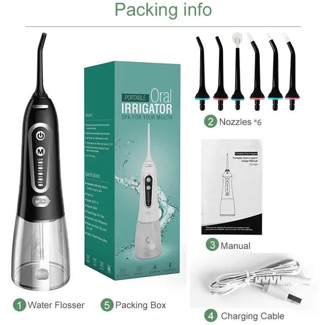 5 Modes Oral Irrigator, Portable Flosser, USB Rechargeable, Water Black - Shop at LoveMi