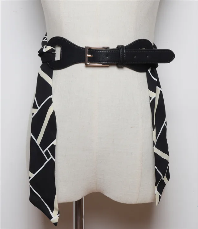 Removable Silk Scarf Stitching Belt Decoration Dress Skirt Belt Women Black Spell Apricot - Shop at LoveMi