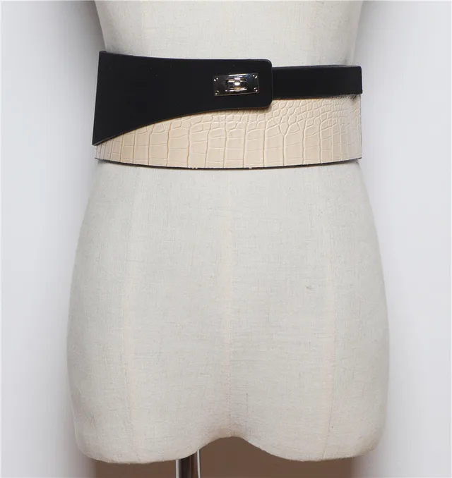 Fashion All match Snake Pattern Stitching PU Leather Belt Apricot - Shop at LoveMi