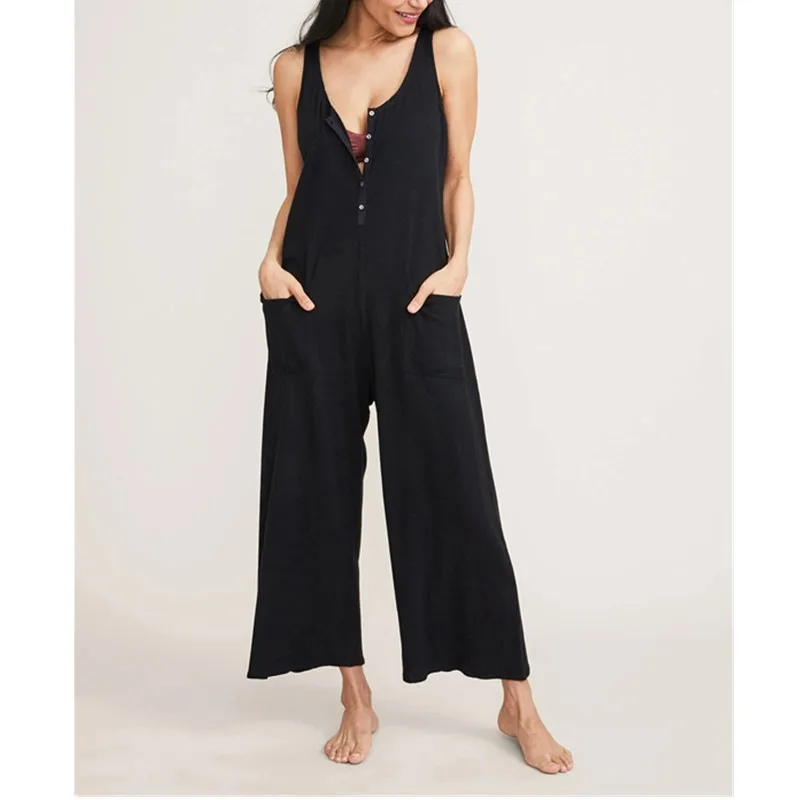 Pure Color Casual Breastfeeding Button Pocket Jumpsuit Women Black - Shop at LoveMi