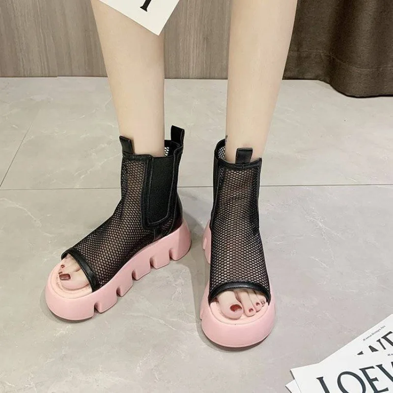 Soft Leather Mesh Hollow Platform Platform Wedge Martin Boots Pink - Shop at LoveMi