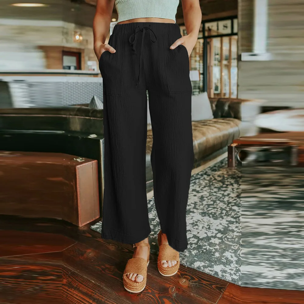 Lace up Solid Color Nine Point Wide Leg Pants Women Loose Simple Casual Pants Black - Shop at LoveMi