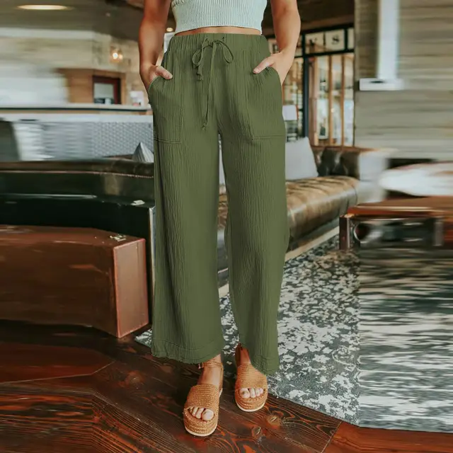 Lace up Solid Color Nine Point Wide Leg Pants Women Loose Simple Casual Pants Green - Shop at LoveMi