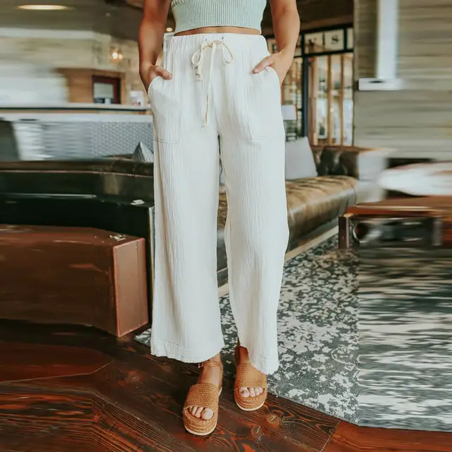 Lace up Solid Color Nine Point Wide Leg Pants Women Loose Simple Casual Pants White - Shop at LoveMi