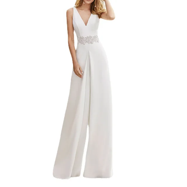 Sleeveless V Neck Jumpsuit Slim Trousers White - Shop at LoveMi
