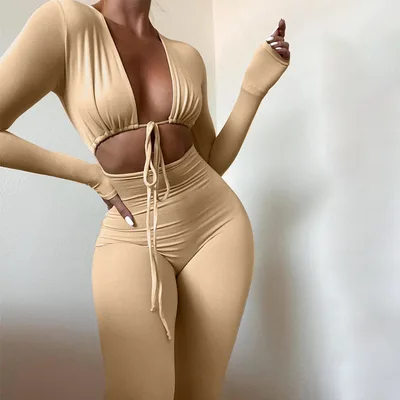 Fashion V neck Lace up Hollow Long sleeved Slim Fit Jumpsuit Women Khaki - Shop at LoveMi