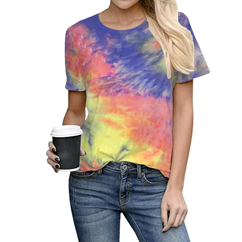 Women's Top Tie dye Positioning Printing Round Neck Large Size Short sleeved T shirt Color Yellow - Shop at LoveMi