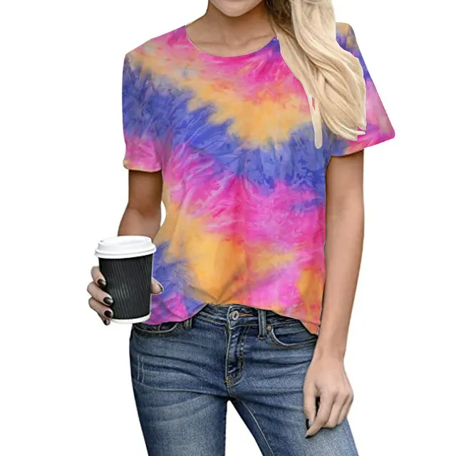 Women's Top Tie dye Positioning Printing Round Neck Large Size Short sleeved T shirt Rainbow Purple - Shop at LoveMi