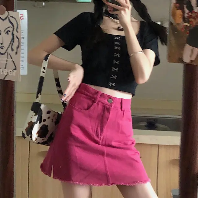 Dragon Fruit Color Denim Short Skirt Female Korean Version Of The High Waist And Thin Split A line Bag Hip Rose Red - Shop at LoveMi