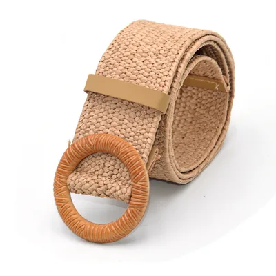 Bohemian Holiday Linen Woven Belt Grain Round Bucklekhaki - Shop at LoveMi