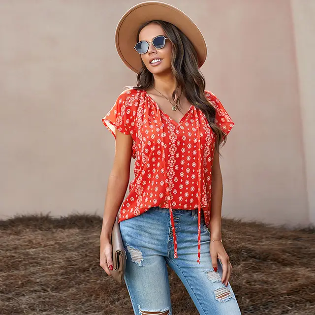 Summer Floral Chiffon Shirt Loose Casual V neck T shirt Red - Shop at LoveMi