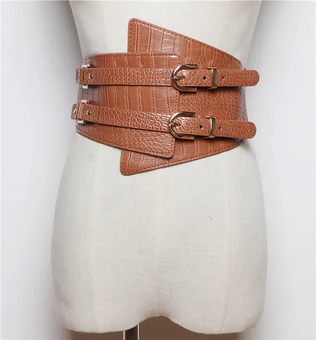 Fashion All match Super Wide Waist Female Decorative Shirt Dress Jacket Double Pin Buckle Wide Waist Camel - Shop at LoveMi